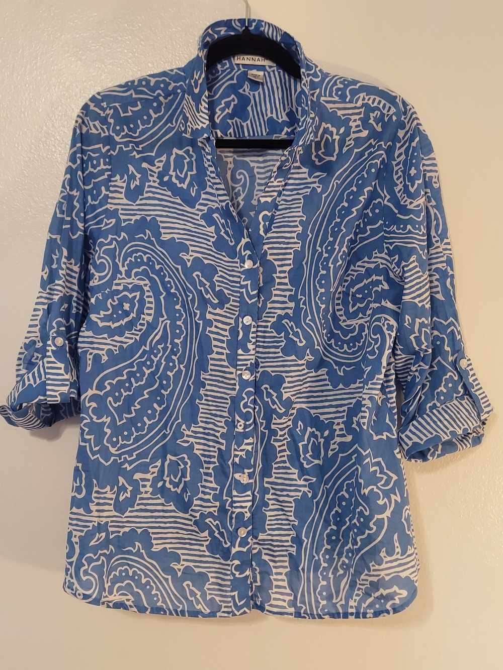 Hannah Blue and White Paisley Button-Down Cotton Women's Shirt Size L